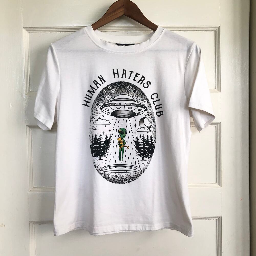 Human Haters Club‎ Alien Cat White Graphic T-shirt Women’s Medium Avant Garde
